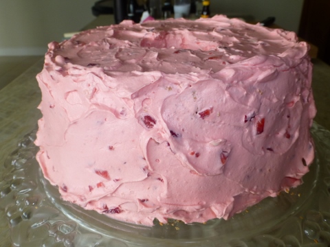 Angel Food Cake with Strawberry Fluff Frosting