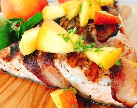 Grilled Bacon Wrapped Salmon with Summer Peach Salsa – Recipe!