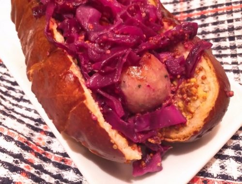 Bratwursts on Pretzel Buns with Warm Red Cabbage – Recipe!  Celebrate Octoberfest!
