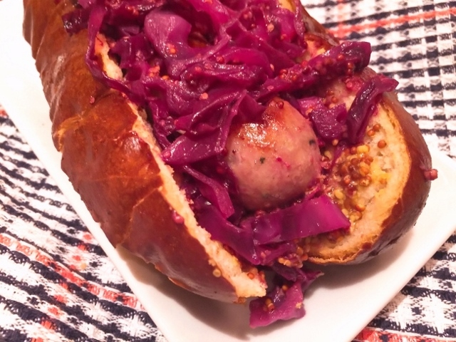 Bratwursts on Pretzel Buns with Warm Red Cabbage – Recipe!  Celebrate Octoberfest! Image 1