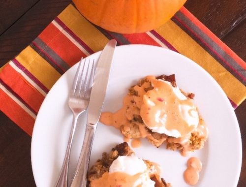 Turkey-Day Dressing Eggs Benedict with Cranberry Chipotle Hollandaise – Recipe!
