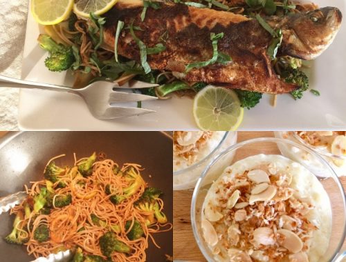 Social Sundays – Wok-Seared Whole Sea Bass with Ginger Broccoli Soba Noodles, and Coconut Almond Rice Pudding!