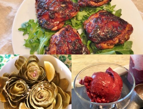 Social Sundays – Grilled Spicy Asian Chicken Thighs, Chilled Artichokes in Shallot Vinaigrette, and Easy No-Churn Dark Cherry Ice Cream!