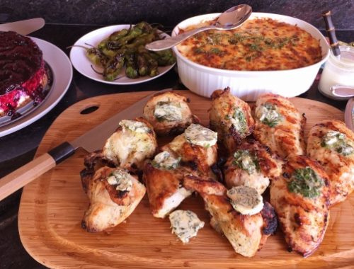 Social Sundays – Grilled Chicken with Lemon Basil Compound Butter, Green Chile Polenta Bake, and Lemon Blueberry Cheesecake!