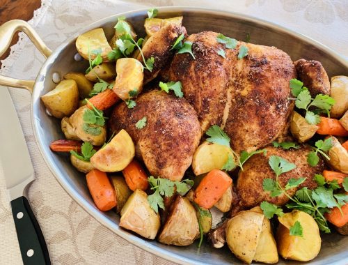 Moroccan Spatchcock Chicken with Crispy Potatoes & Carrots – Recipe!