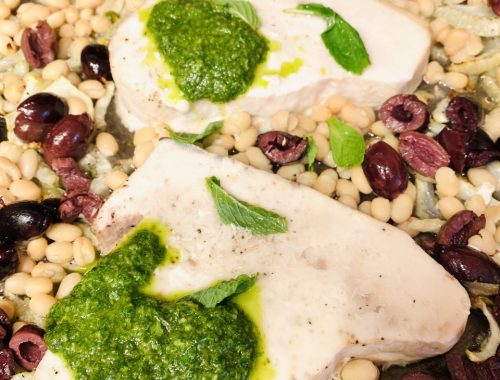 Herby Roasted Swordfish with Fennel, White Beans & Olives – Recipe!