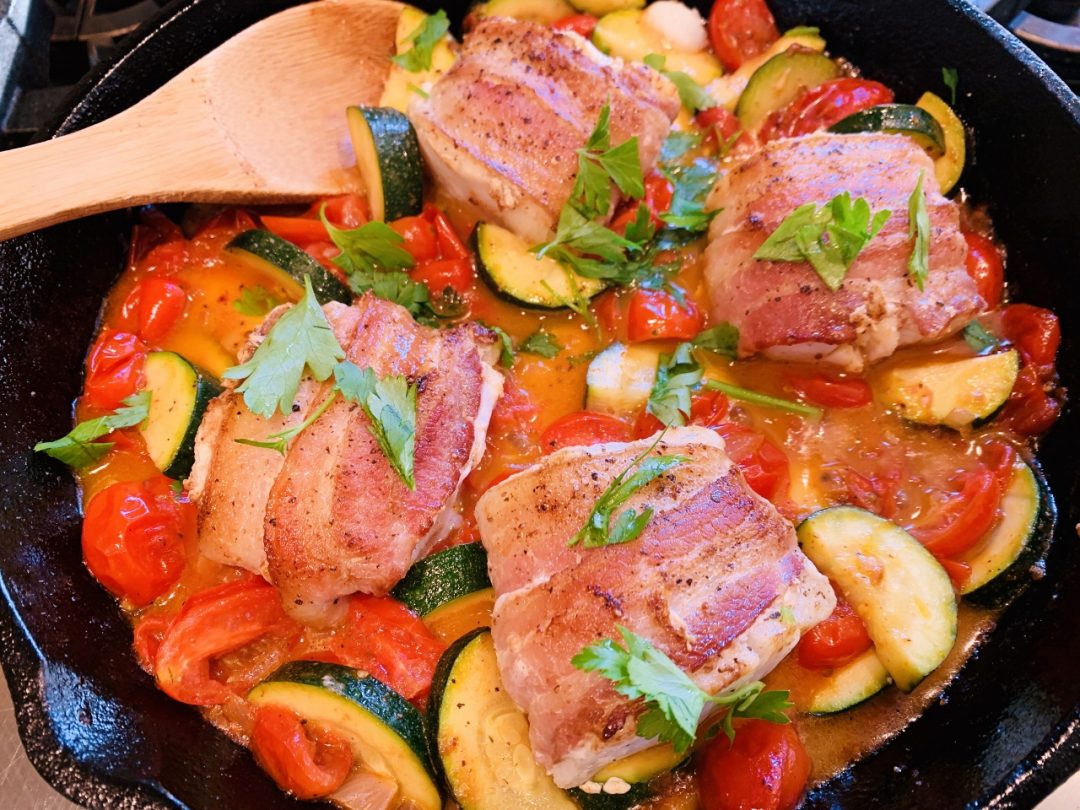 Skillet Bacon-Wrapped Cod with Zucchini & Tomatoes – Recipe! Image 1