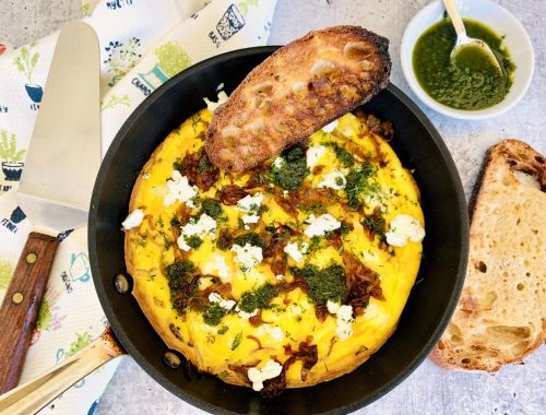 Herby Caramelized Onion & Goat Cheese Frittata – Recipe!