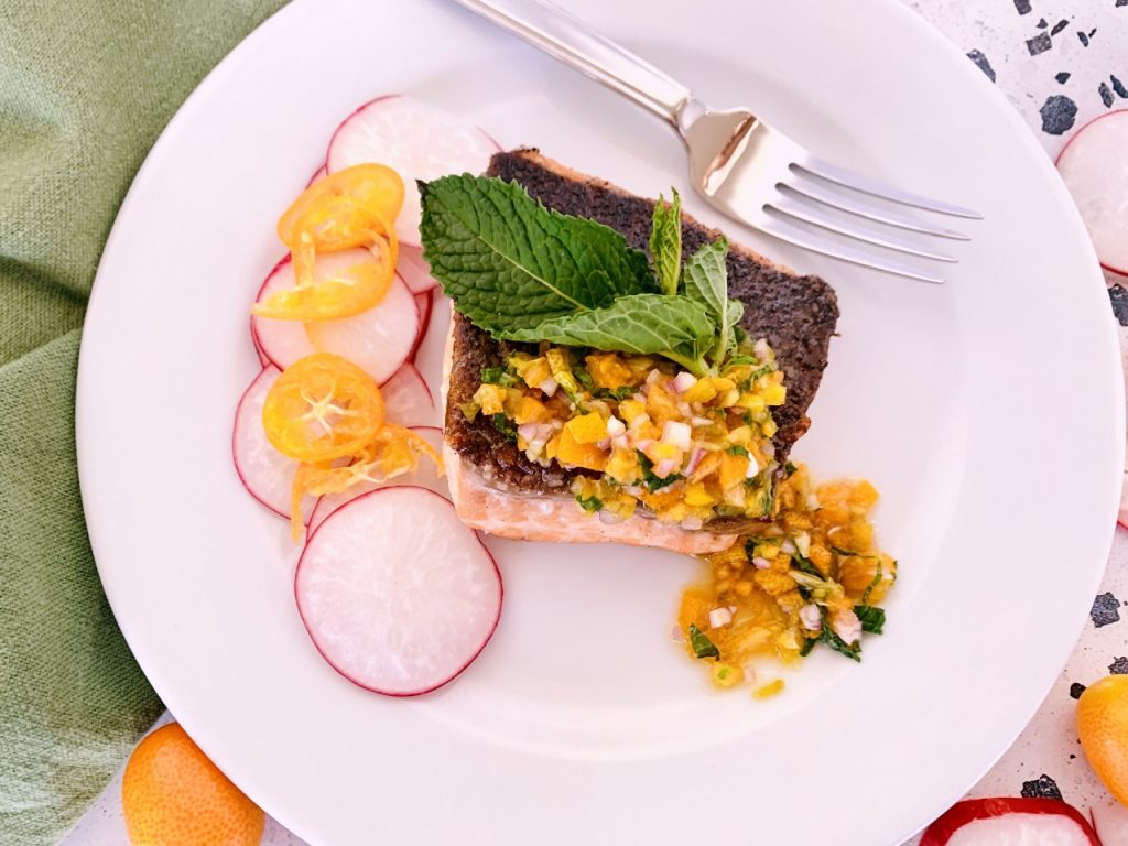 Crispy Skinned Salmon with Agrodolce Kumquat Compote Recipe! Live