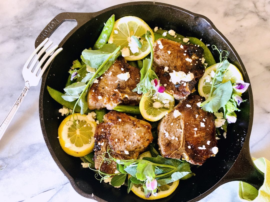 Skillet Lamb Chops with Sugar Snap Peas, Pea Shoots, Lemon & Feta – Recipe! Image 1