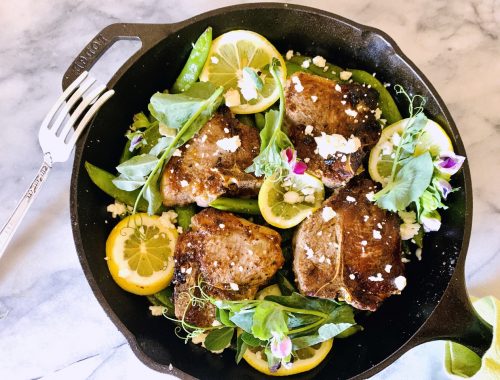 Skillet Lamb Chops with Sugar Snap Peas, Pea Shoots, Lemon & Feta – Recipe!