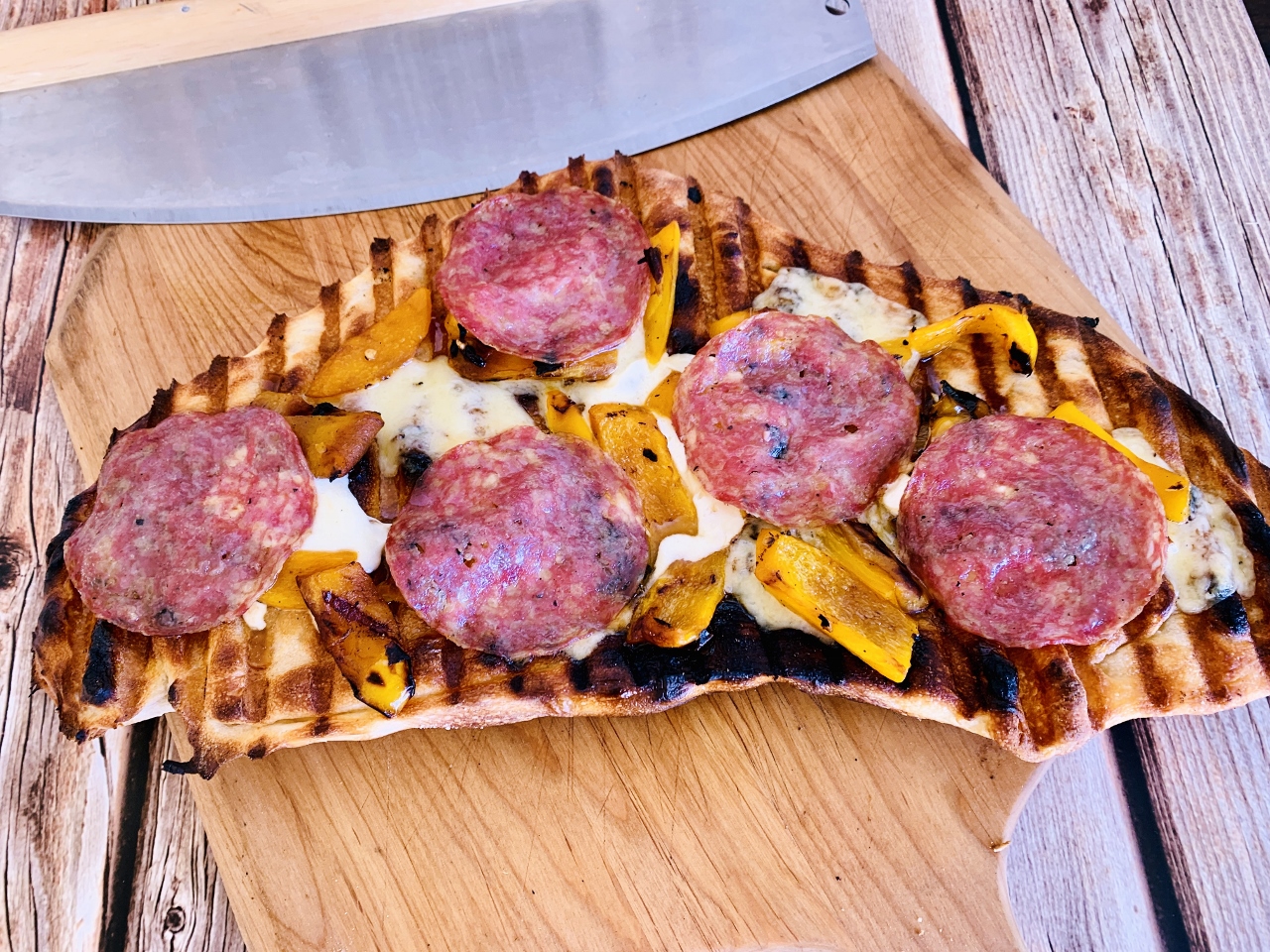 Grilled Flatbread with Truffle Cheese, Roasted Sweet Peppers & Salami – Recipe! Image 2