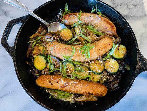 Skillet Chicken Sausages, Onions, Zucchini & Basil – Recipe!