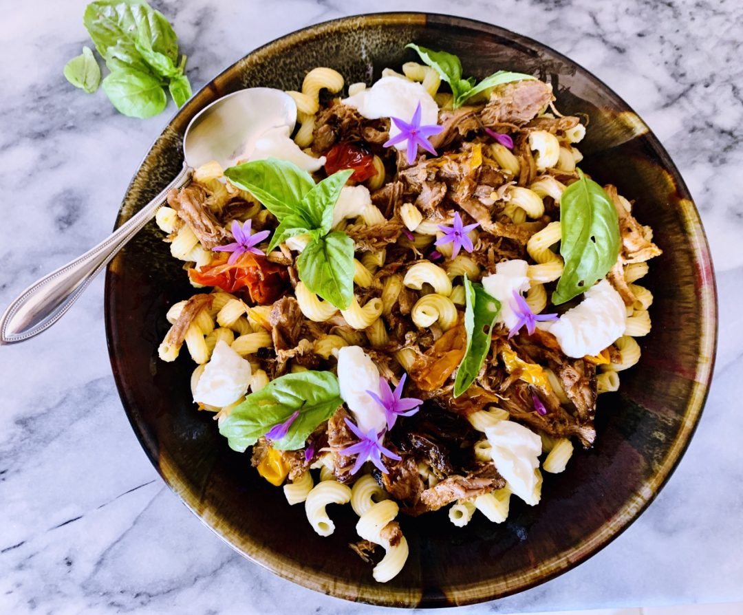 Slow Roasted Pork and Peppers Cavatappi with Ricotta & Basil – Recipe! Image 1