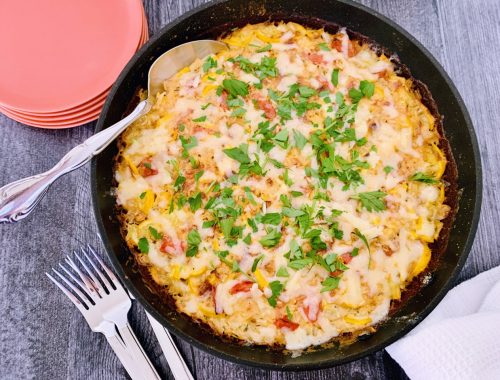 Cheddar, Tomato & Squash Rice Bake – Recipe!
