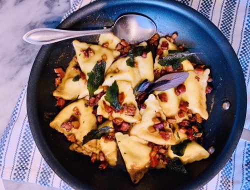 Cheese Ravioli with Brown Butter, Pancetta and Fried Sage – Recipe!