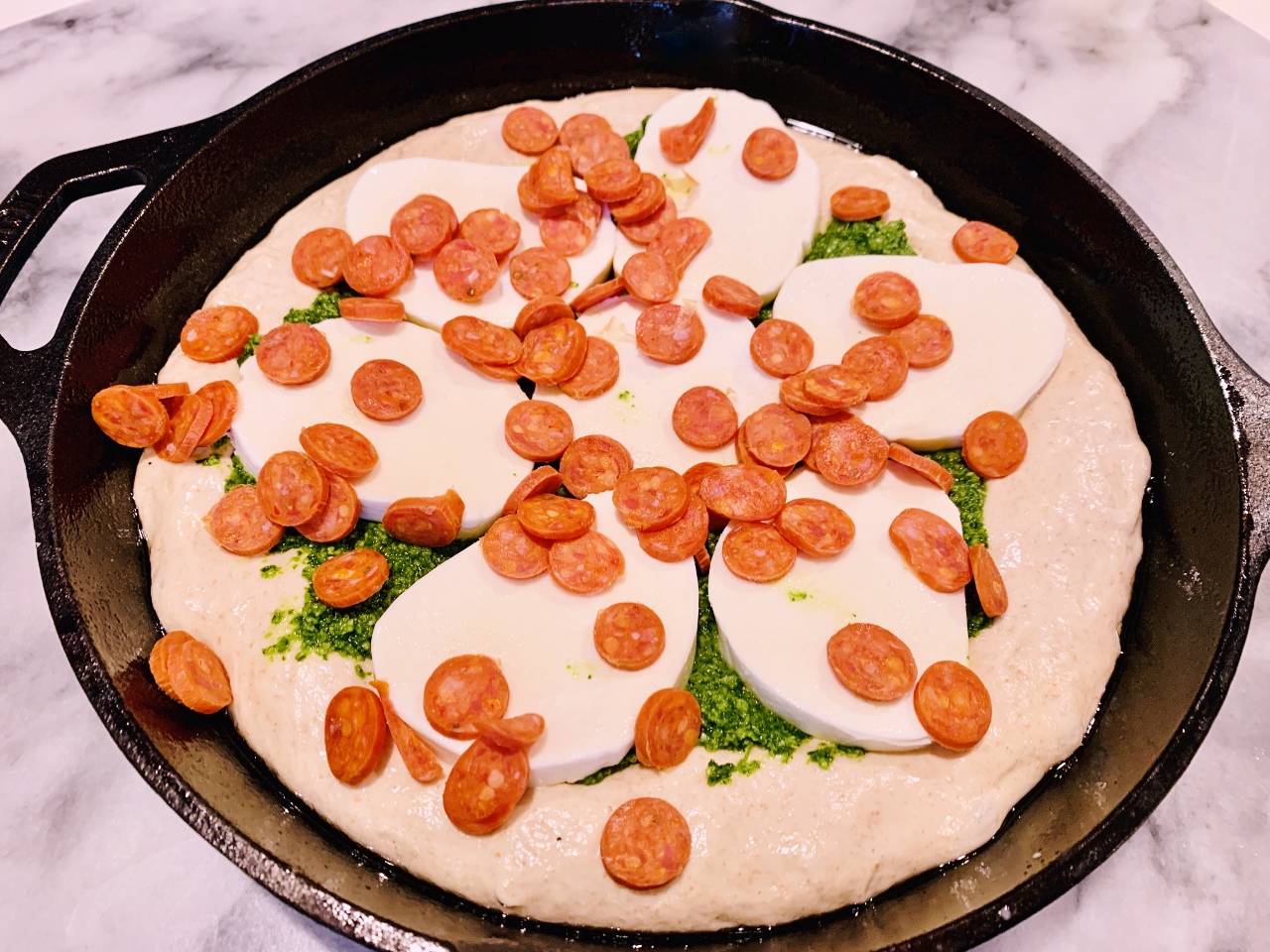 Deep Dish Skillet Pizza with Arugula Pesto and Pepperoni – Recipe! Image 3