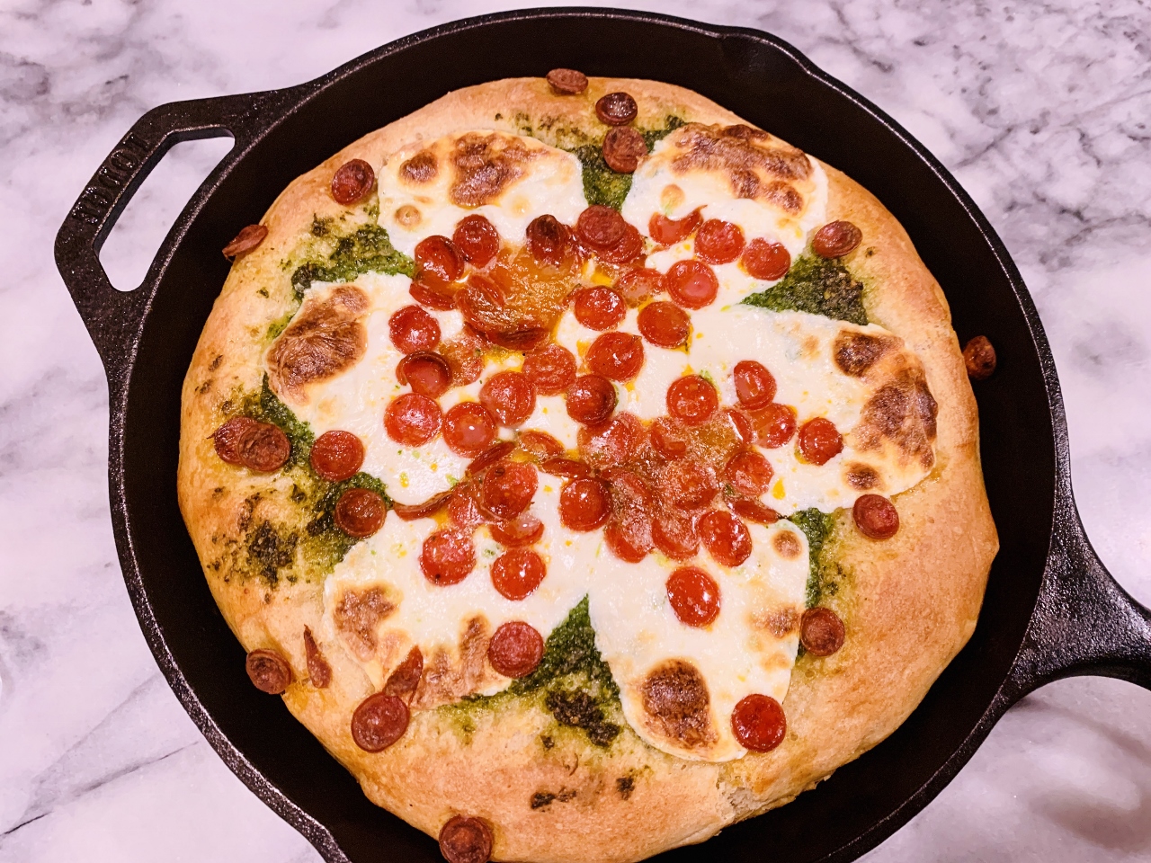 Deep Dish Skillet Pizza with Arugula Pesto and Pepperoni – Recipe! Image 2