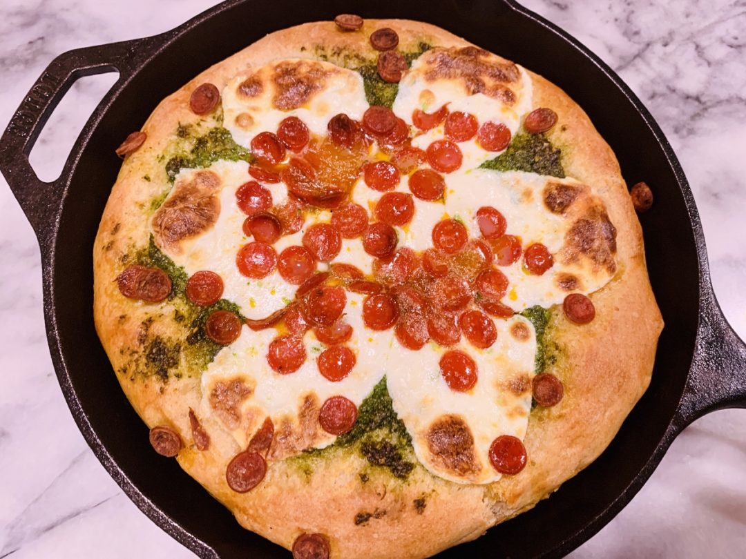 Deep Dish Skillet Pizza with Arugula Pesto and Pepperoni – Recipe! Image 1