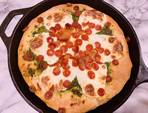 Deep Dish Skillet Pizza with Arugula Pesto and Pepperoni – Recipe!