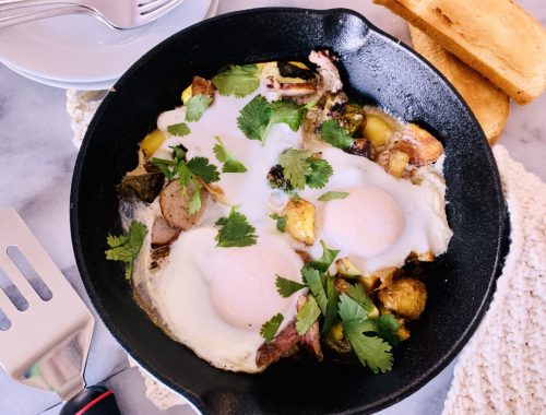Potato, Sausage, and Brussels Sprout Hash & Eggs – Recipe!