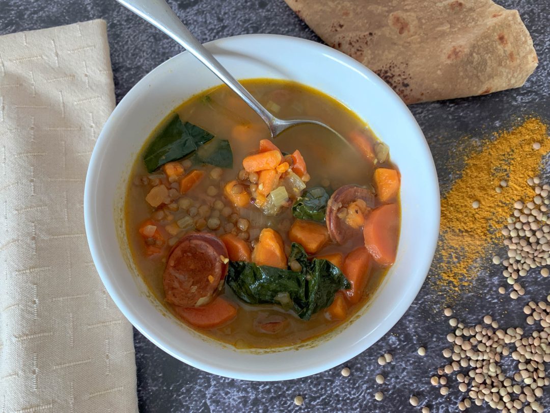 Sweet Potato, Lentil and Andouille Sausage Curry Stew – Recipe! Image 1