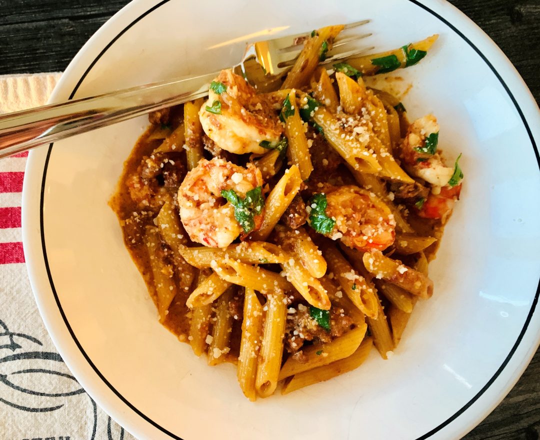 Sundried Tomato Pesto Penne with Shrimp and Sausage – Recipe! Image 1