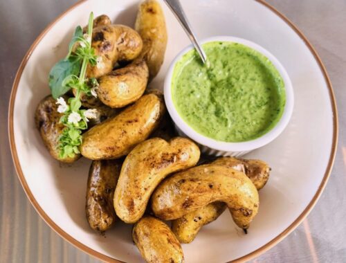 Grilled Fingerling Potatoes with Creamy Jalapeno Green Goddess – Recipe!