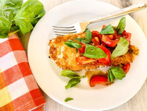 Crispy Panko Chicken with Marinated Tomatoes and Basil – Recipe!