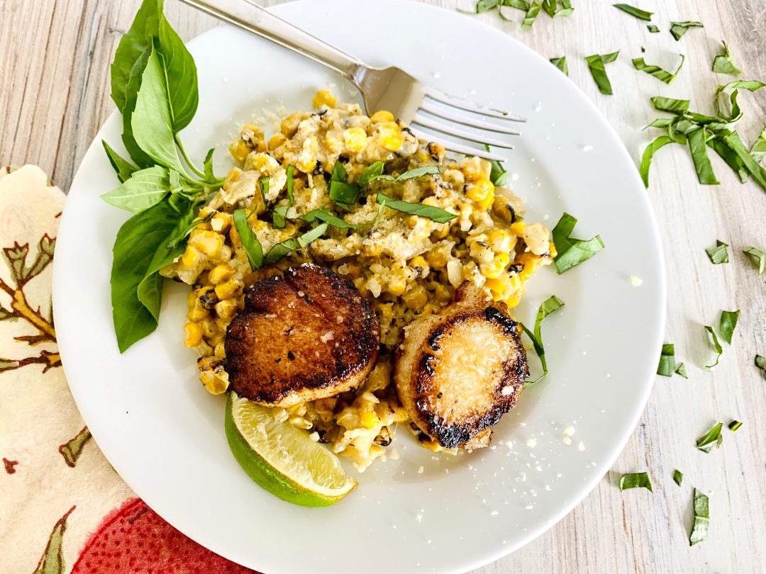 Brown Butter Diver Scallops with Creamy Parmesan Basil Corn – Recipe! Image 1
