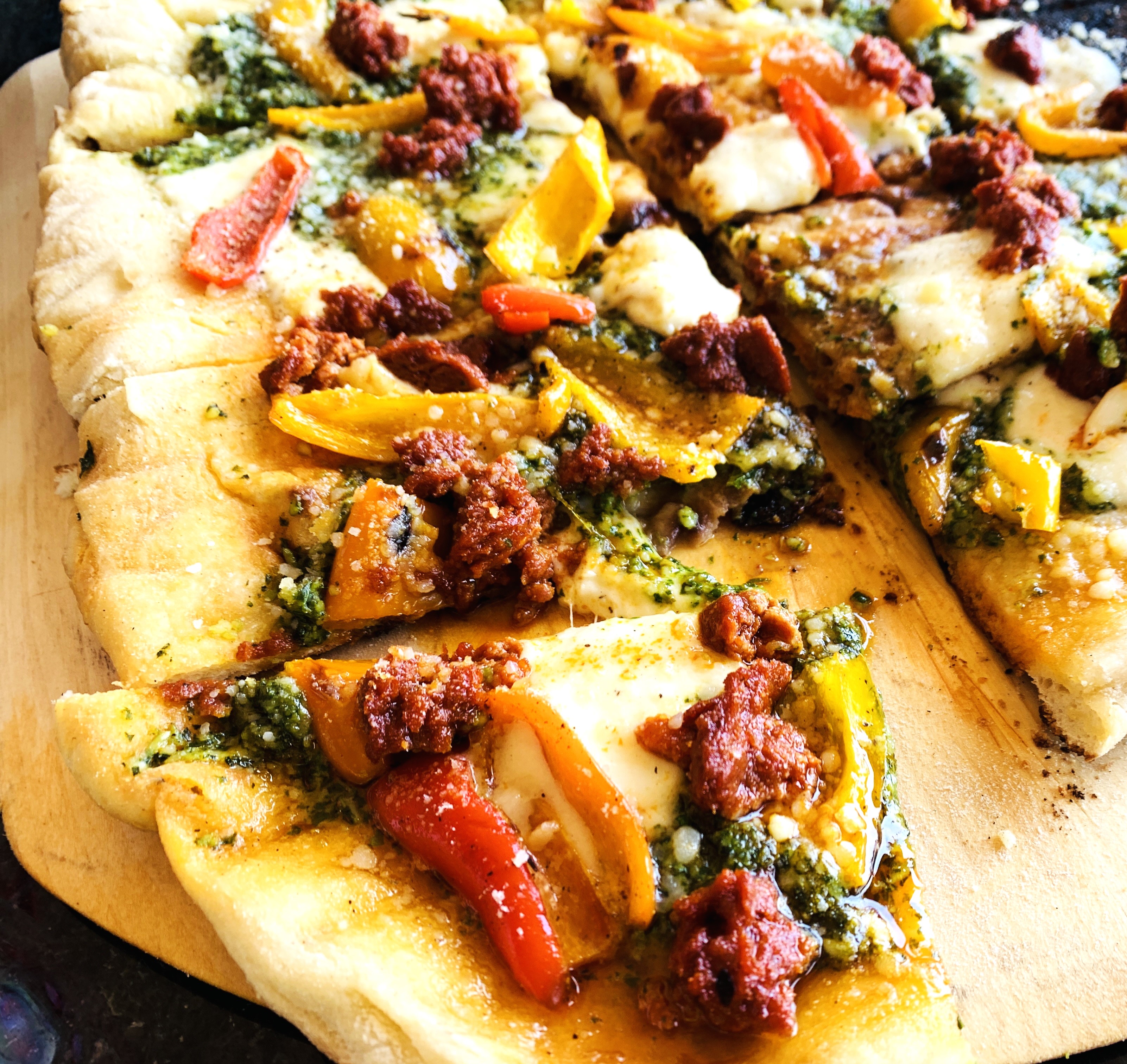 Grilled Pesto Pizza with Sweet Peppers, Nduja and Mozzarella – Recipe! Image 2