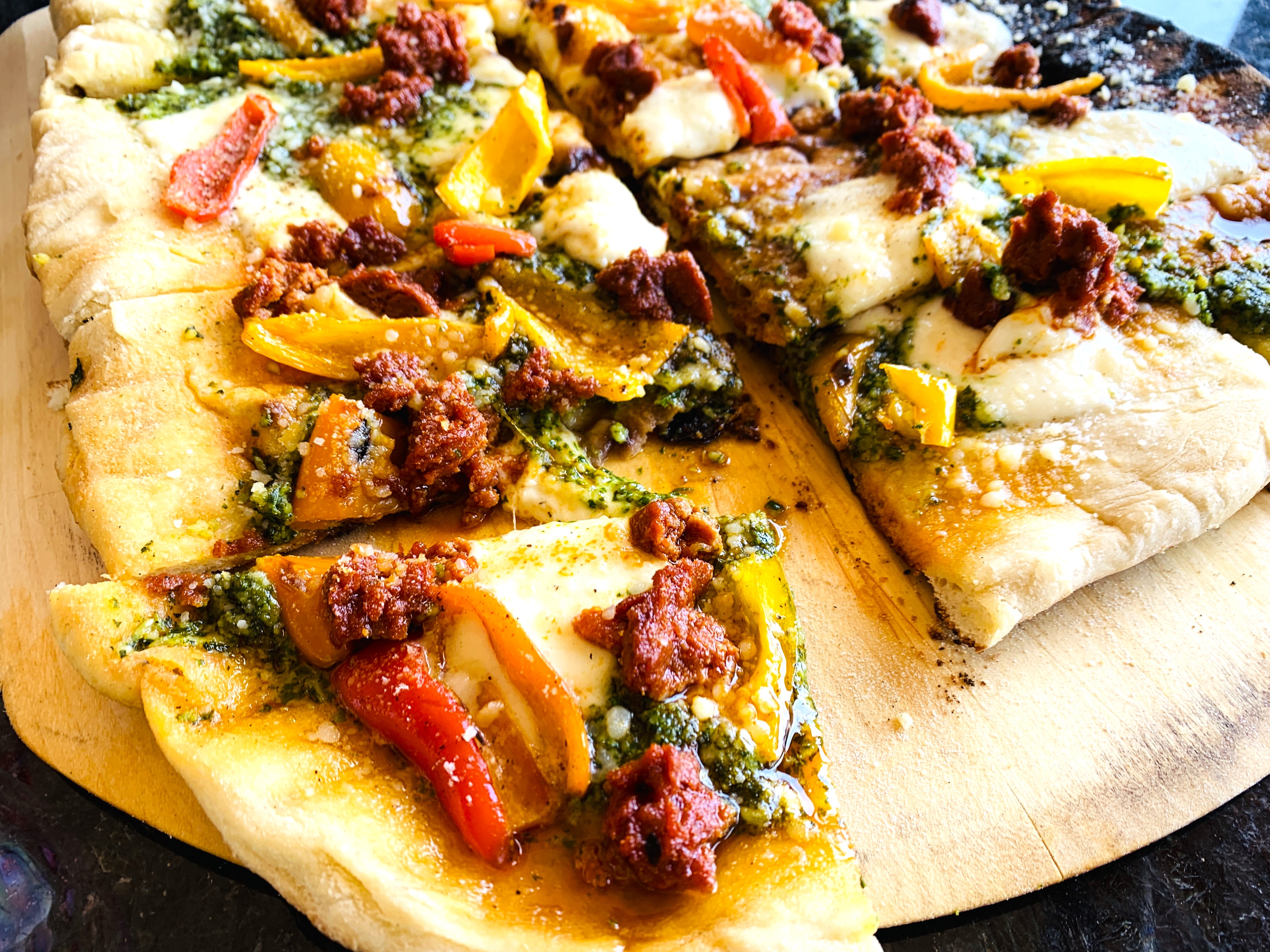 Grilled Pesto Pizza with Sweet Peppers, Nduja and Mozzarella – Recipe! Image 3