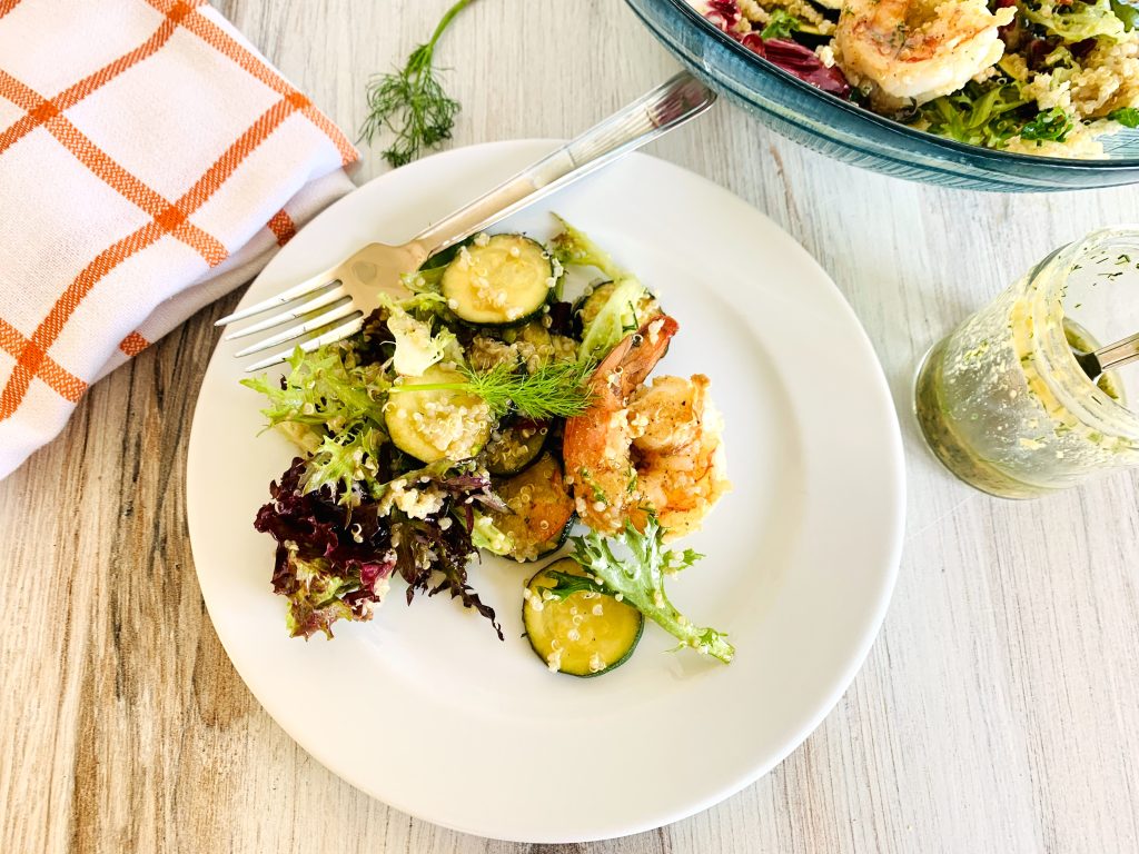 Sauteed Shrimp and Zucchini Quinoa Salad with Dilly Vinaigrette