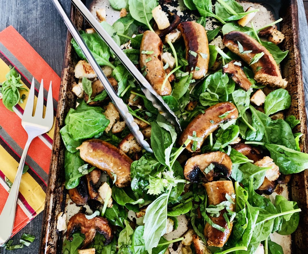 Sheet Pan Sausage, Mushroom, and Spinach with Crispy Croutons – Recipe! Image 1