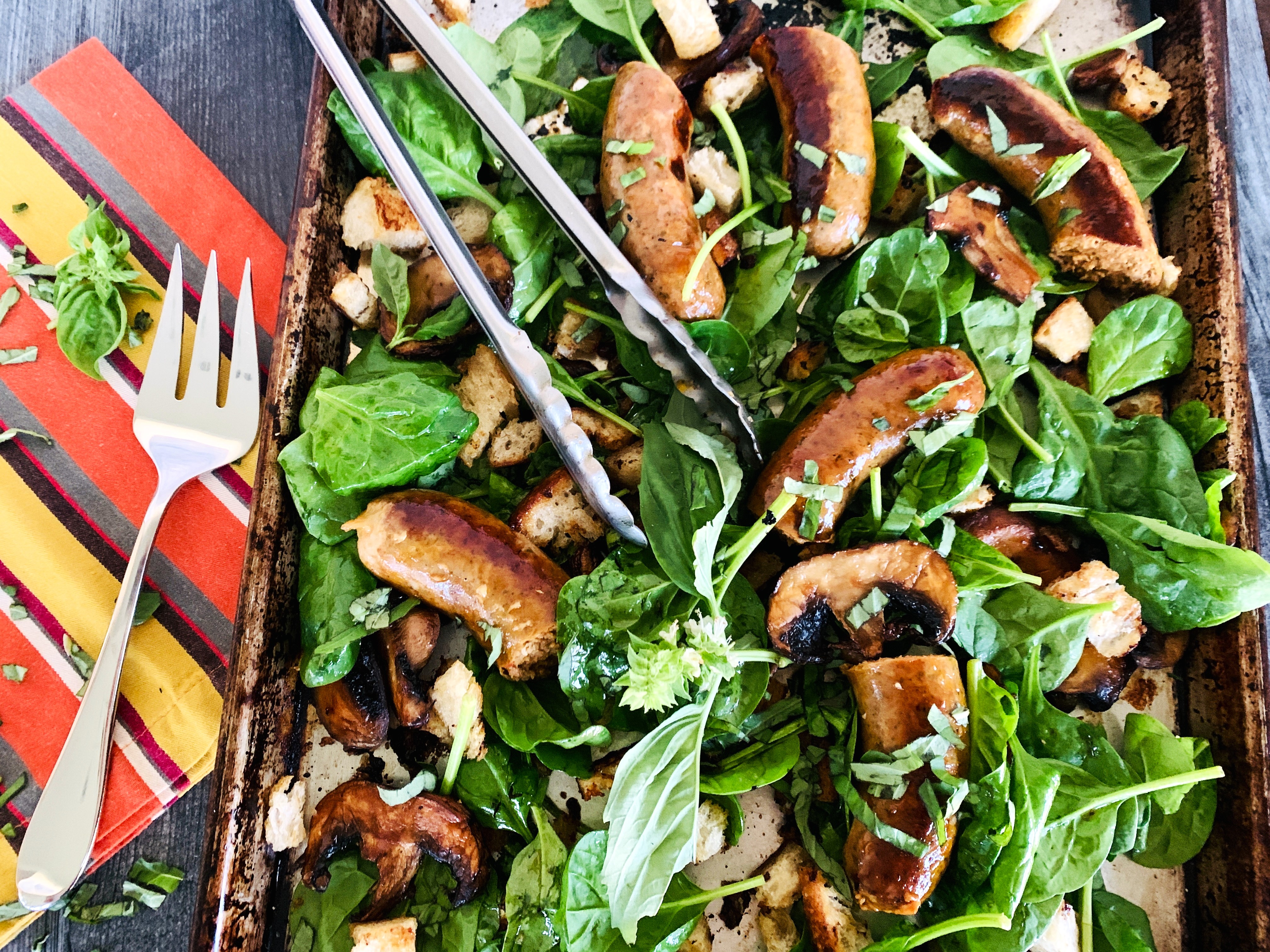 Sheet Pan Sausage, Mushroom, and Spinach with Crispy Croutons – Recipe! Image 3