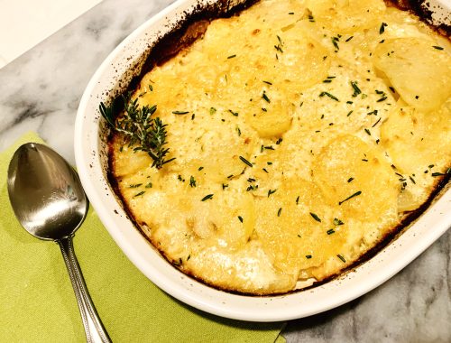 Cheesy Scalloped Sweet Potatoes with Rosemary Cream – Recipe!