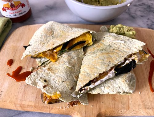 Roasted Squash, Goat Cheese and Spinach Quesadilla with Smoky Avocado Mash – Recipe!