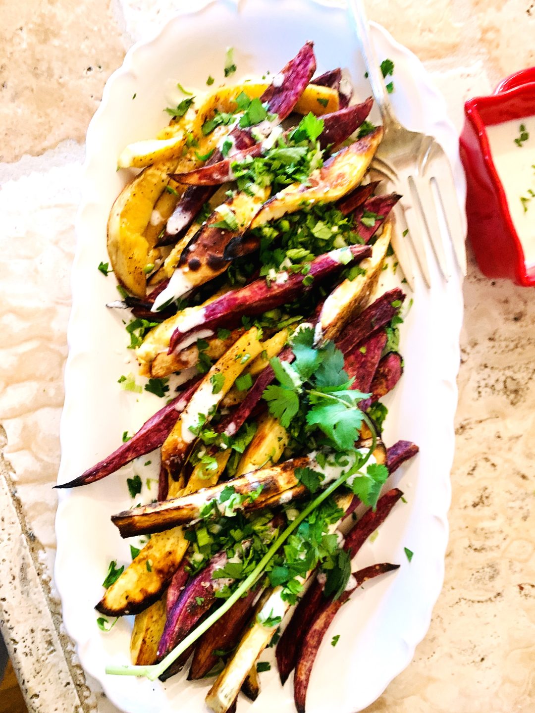 Roasted Sweet Potato Fries with Herby Feta Sauce – Recipe! Image 1