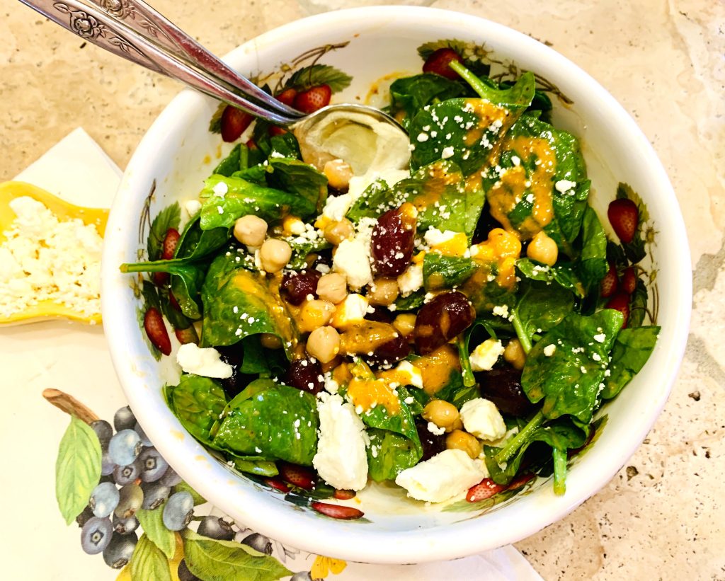 Mediterranean Spinach Salad with Roasted Red Pepper Vinaigrette