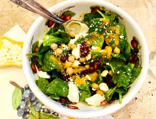 Mediterranean Spinach Salad with Roasted Red Pepper Vinaigrette – Recipe!