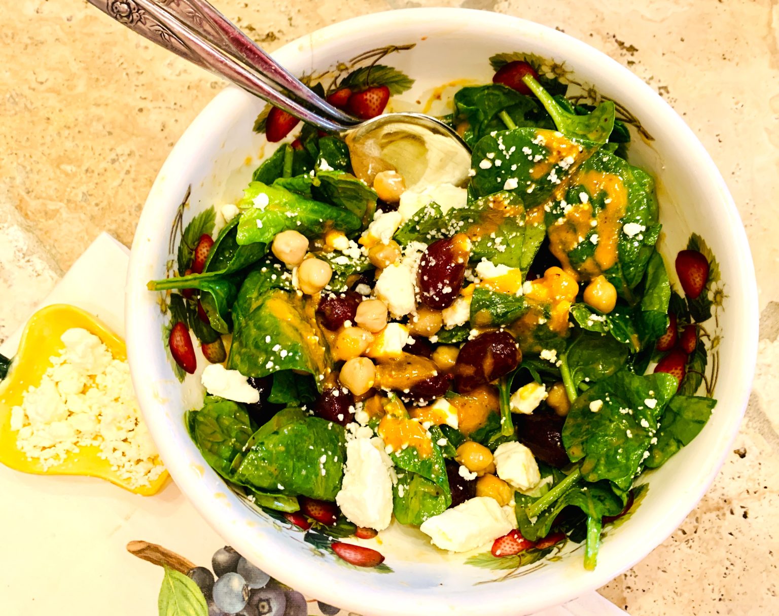 Mediterranean Spinach Salad with Roasted Red Pepper Vinaigrette
