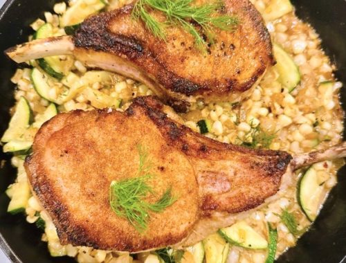 Seared Pork Chops with Creamy Corn and Zucchini Relish Recipe